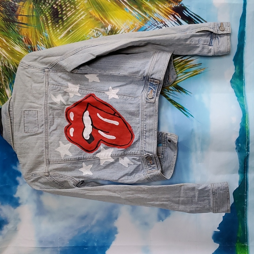 Hollister hand painted rock and roll stretch jeans jacket size S - Picture 3 of 3